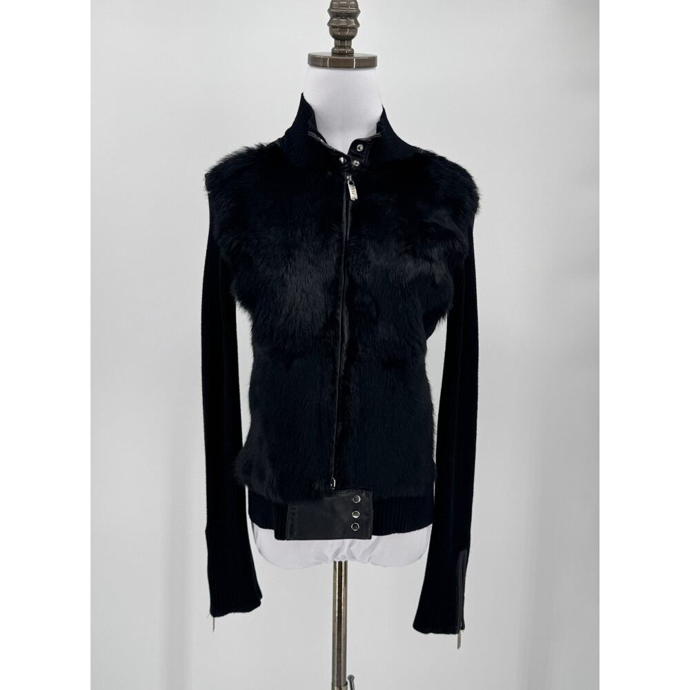 Vintage Cabo Black Rabbit Fur Long Sleeve Full Zip Sweater Jacket Sz L